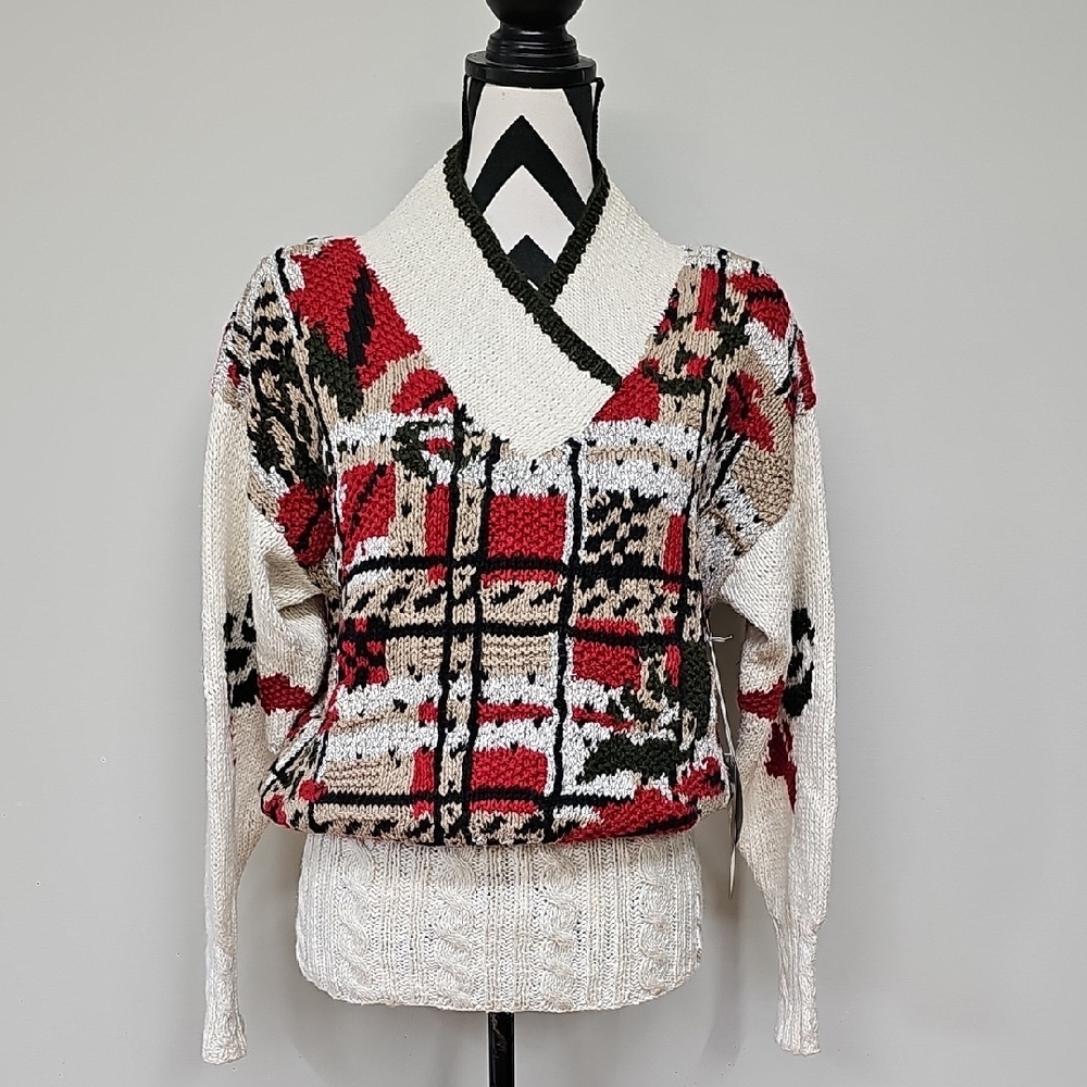 80s 90s Style Jennifer Reed Handknit Sweater Abstract Design & Cable Knit Waist